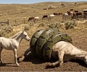 حیات وحش مصنوعی؛ اسب سفید برای نجات مادر مهربانش از چنگ مار خبیث کمک آورد