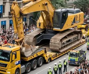 جابه جایی جانکاه؛ بیل مکانیکی غول و سوار تریلی کردن دور شهر میچرخونن تا بره سر عملیات