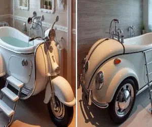 طراحی و چیدمان خلاقانه حمام با وان فولکس واگن/ تلفیق سنت و مدرنیته با چاشنی جبروت