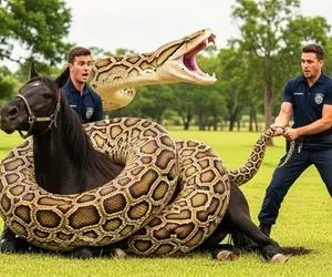 حیات وحش مصنوعی؛ اسب شجاع برای نجات مادرش از دست پیتون غول پیکر کمک میاره