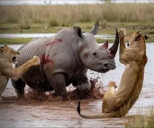 شاهکار حیات وحش؛ شیر سفاک مثل زالو چسبید به پوزه کرگدن مصلوب شرحه ش کرد بلعید