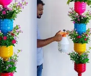 ایده های خلاقانه؛ ببین چقدر راحت با بطری های پلاستیکی دوغ و نوشابه آویزه گل درست کرده