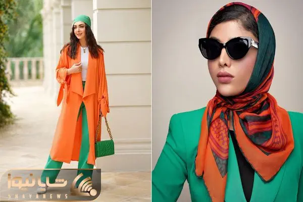 استایل با مانتو نارنجی و سبز