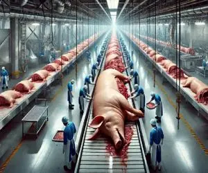 فرآوری خوک؛ خوک قلمبه صورتی و بعد عبور از کوره آتیش با اره اسلایس میکنن میفروشن