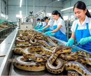 فرآوری مار گوشتی؛ مار رو بزرگ می کنن تا بعد سلاخی پوستش بره دباغی و گوشتش هم غذاخوری