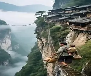 معماری خلاقانه؛ مرد بچه شو کول کرده از رو پل معلق بره خونه شون تا برسه قلبت میفته