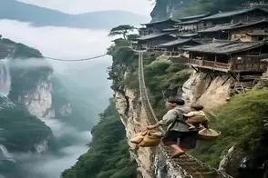 معماری خلاقانه؛ مرد بچه شو کول کرده از رو پل معلق بره خونه شون تا برسه قلبت میفته