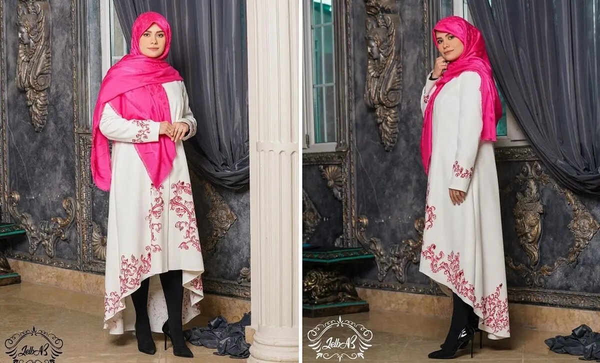 مانتوی سفید با روسری سرخابی
