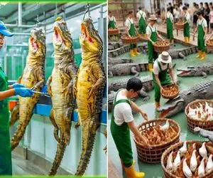 فرآوری کروکودیل؛ غذا میدن چاق و چله شدن آویزونشون میکنن قلفتی پوستشو مثل پیاز میکنن 