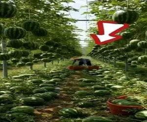 کشاورزی نوین؛ هندونه ها عین لوستر آویزونن خودشون کنده میشن میفتن زیرشون کاهه نمیشکنن