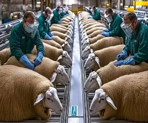 کارخانه تولید؛ گوسفند پر پشم و پیل زنده میندازه تو دستگاه پشماش که ریخت  پوستش میمونه