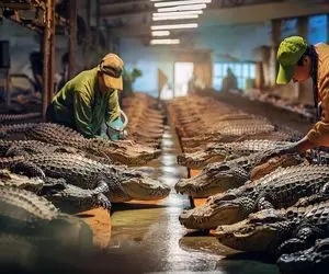 فرآوری کروکودیل؛ پوست تمساح رو با پوست کن جدا میکنن گوشتشو درسته میپزن 