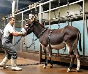 فرآوری الاغ؛ الاغ چموش رو با زنجیر برد سلاخخونه از پوست شیر و گوشتش بهره ببره