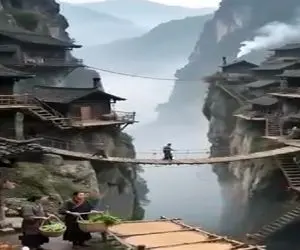 معماری خلاقانه؛ رو کوه های روبروی هم طبقه طبقه خونه ساختن پله زدن تا پایین بینشونم پل