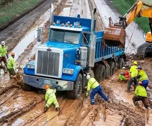 ابزارآلات غول پیکر؛ بیل مکانیکی غول کامیونی که تو جاده مهلک لیز خورد از مردن نجات داد