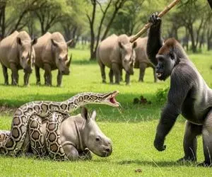 مستند حیات وحش / نبرد خلاقانه زور و آرواره میان مار دد و گوریل برای نجات بچه کرگدن