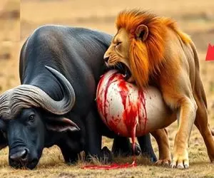 جذابیت حیات وحش؛ شیر شریر ددمنشانه شکم بوفالوی مسلول رو پاره کرد محتویاتشو نشخوار کرد
