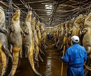 فرآوری تمساح؛ تمساح با 200 کیلو وزن اسلایس شد تا از گوشت و پوستش استفاده شه