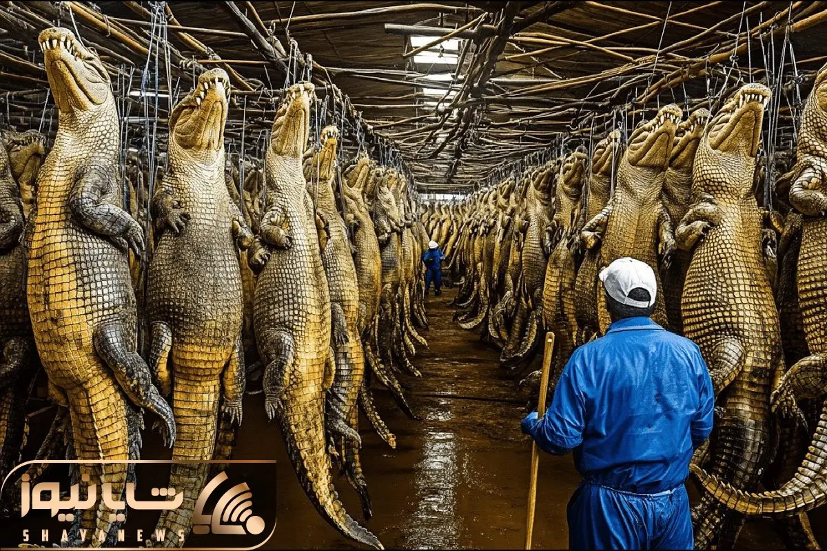 فرآوری تمساح؛ تمساح با 200 کیلو وزن اسلایس شد تا از گوشت و پوستش استفاده شه