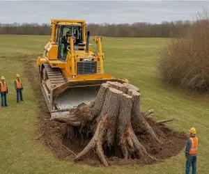 ابزارآلات غول پیکر؛ اپراتور بیل مکانیکی کاردک غول نصب میکنه بزنه زیر درخت ریشه کن کنه