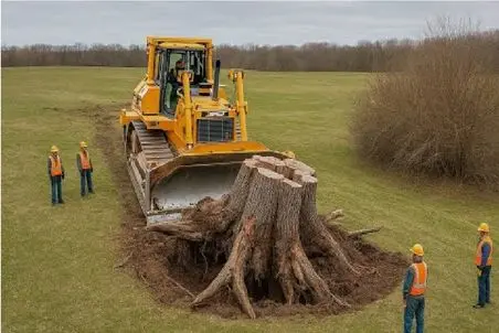 ابزارآلات غول پیکر؛ اپراتور بیل مکانیکی کاردک غول نصب میکنه بزنه زیر درخت ریشه کن کنه