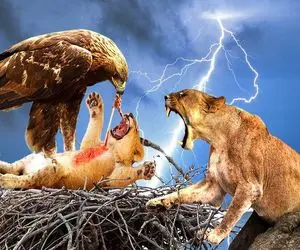 از بدایع حیات وحش؛ شیر مفلوک برا نجات توله اش رفت لونه عقاب رعد و برق خشکش کرد