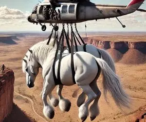 جابه جایی پر هیبت؛ اسب تک شاخ سفید رو میبنده به هلیکوپتر میکشه رو زمین تا سلاخی شه