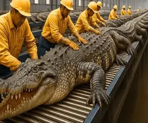 فرآوری تمساح؛ تمساح مثل موز پوست می‌کنن گوشتش سلفون می‌خوره، پوستش میره پاریس