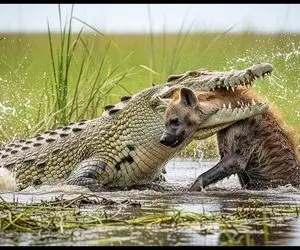 مستند حیات وحش؛ کروکودیل سر و گردن کفتار رو گرفت و مثل فیتو پیچوند