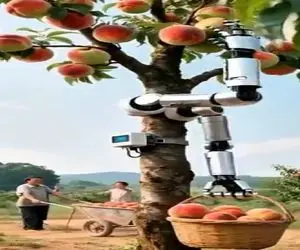 کشاورزی نوین؛ بازوی اتومات میوه چین ساختن رو تنه ی درختا میبندنش برا درو کردن
