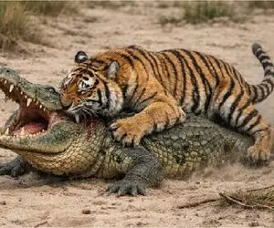 مستند حیات وحش؛ وقتی گوشت تمساح زیر دندان های ببر ریش ریش می شود