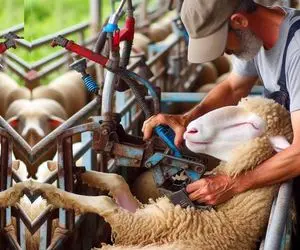 کارخانه پشم؛ گوسفند فرفری میره کارواش بعدشم سلاخخونه پشمش جدا میشه برای پارچه