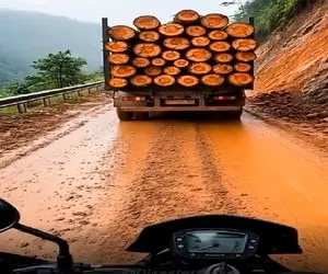 معماری طبیعت؛ موتوری شانس آوورد جای تریلی نبود کوه ریزش کرد راننده و چوباش رفتن قهقرا