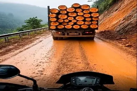 معماری طبیعت؛ موتوری شانس آوورد جای تریلی نبود کوه ریزش کرد راننده و چوباش رفتن قهقرا