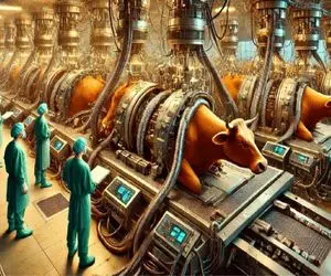 فرآوری گاو؛ گاو نسکافه ای و با دستگاه چاق و به صلابه میکشن پوستشو تخلیه میکنن واسه کت