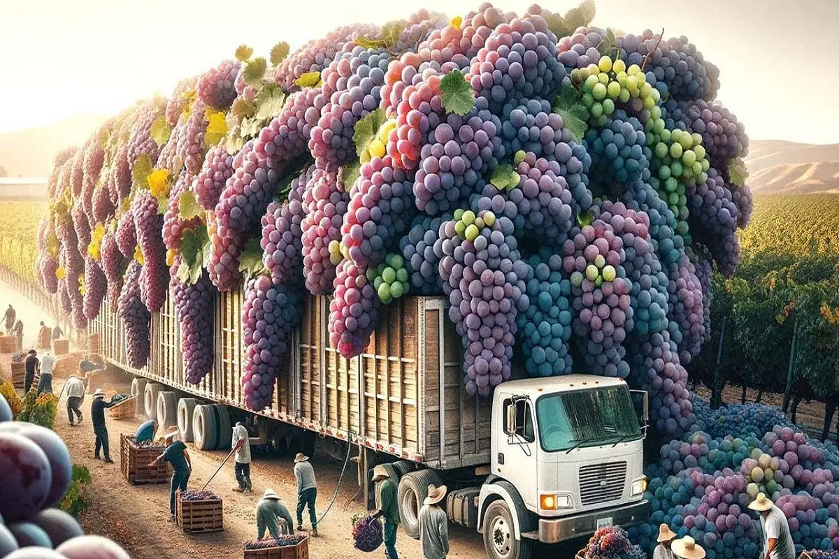 محصولات کشاورزی غول پیکر؛ انگورها رو میذارن تو دستگاه به سرعت نور میشه قد سیب