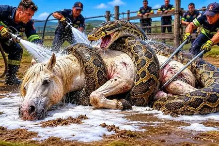 حیات وحش مصنوعی؛ اسب سفید برای نجات مادرش از چنگ پیتون قسی جانانه کمک آورد