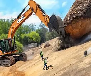 تجهیزات سنگین؛ سنگ غول پیکر غلتید رو بیل مکانیکی اپراتور متخصص کنترل را به دست گرفت