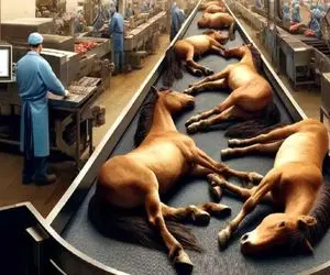 فرآوری اسب؛ اسب مصلوب محتضر خوش رنگ و لعاب و زنده پوست کند بعد گردن زنی استیک کرد