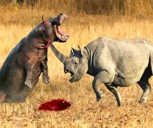 صحنه دهشتناک؛ کرگدن سفاک اسب آبی شریری که بچشو قاپید جرواجر کرد کرکس ها خوردن