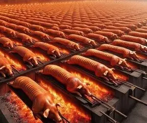 غذاهای غول پیکر؛ از باسن شکم خوکو پر کرد از دهن به سیخش کشید کبابش کرد