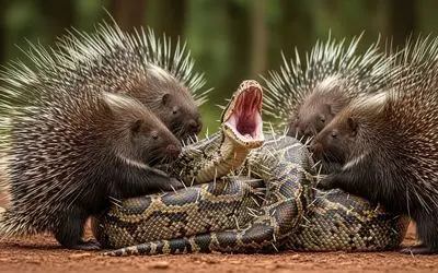 از جذابیت های حیات وحش؛ جوجه تیغی هایی که باهمدستی هم ماد مار پیتون رو به عذاش نشوندن