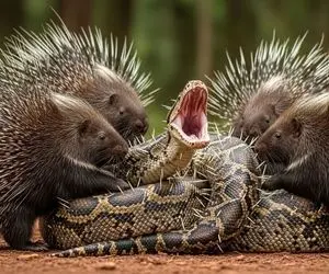 از جذابیت های حیات وحش؛ جوجه تیغی هایی که باهمدستی هم ماد مار پیتون رو به عذاش نشوندن