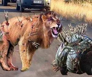 شاهکار حیات وحش؛ شکست مفتضحانه پیتون غول سفاک و شیر ددمنش از جوجه تیغی مسلول