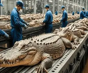 فرآوری تمساح؛ تمساح از تخم میکشن بیرون پروارش کنن برا تجارت کلون پوست و گوشتش