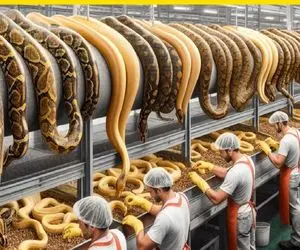 فرآوری مار؛ روکودیل رو میندازن تو تشت روغن سرخ بشه با مار هم سوسیس درست میکنن