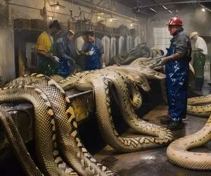 فرآوری مار؛ پیتون های بزرگ رو مثل شلنگ می تابونن تا راست که شد شکمش رو پاره کنن