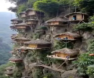 معماری خلاقانه؛ خونه ساختن از بالا کوه با طناب بهم وصلن جرئت میخواد زندگی کردن توشون