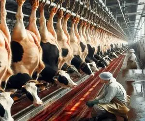 فرآوری گاو؛ گاو که پروار شد بعد دوشیدن شیر و کارواش اسلایسش میکنن واسه شیشلیک