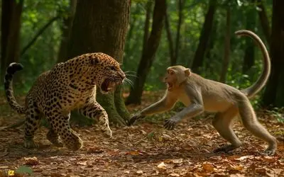 نبرد حیات وحش/میمون بچشو به دندون کشیده تا از شکار پلنگ جان سالم به در ببره